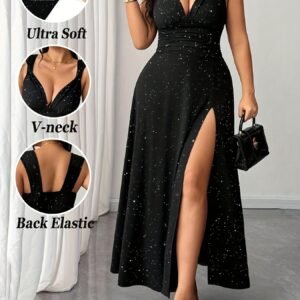 Robe Maxi Noire Élégante à Sequins pour Femmes avec Col en V Profond