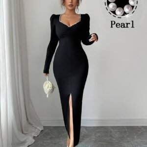 Robe élégante pour femme à encolure cœur ornée de perles, style sirène à manches longues et fente arrière