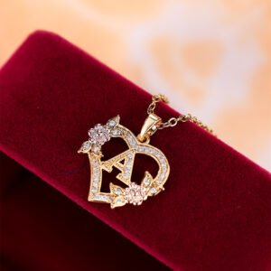 Collier Pendentif Vintage Élégant en Forme de Cœur avec Motif Rose A-Z