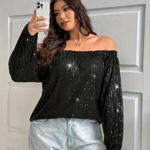 Blouse de Soirée Pailletée Épaule Dénudée Taille Grande pour Femme
