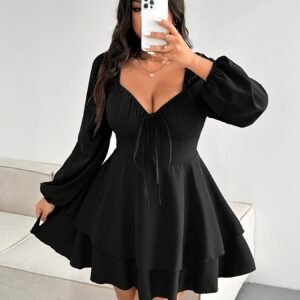Robe à manches longues taille plus, style élégant et tendance avec col en V