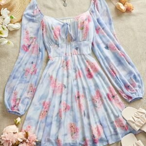 Robe longue à manches longues imprimée fleurs cœur