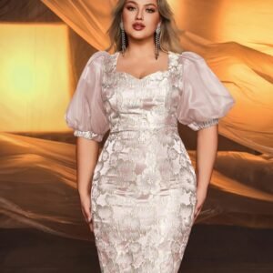 Robe Vintage Jacquard à Manches Bouffantes et Encolure Carrée Grande Taille