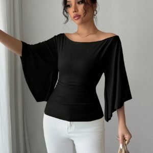 Haut élégant pour femmes à manches chauve-souris noir uni extensible