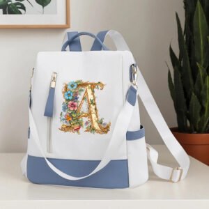 Sac à Dos Vintage Blanc Floral Doré A-Z