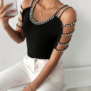 T-shirt Slim Fit à col rond pour femme avec des embellissements en perles