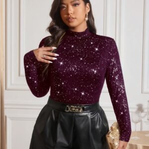 Taille Plus Femmes Élégant T-Shirt à Manches Longues à Col Montant Imprimé Paillettes