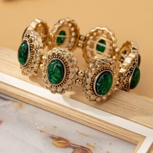 Bracelet Bohème en Alliage Doré avec Perles de Pierre Verte