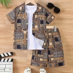 2 pièces Ensemble Chemise à Col Simple et Shorts Imprimé pour Garçon