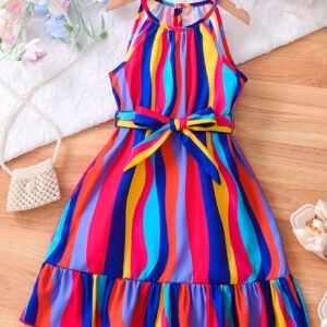 Robe d'été pour filles avec ceinture - Manches courtes, coupe A, ourlet à volants,