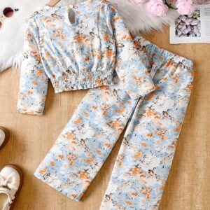 Ensemble 2 pièces Haut à Imprimé Floral Jeunesse avec Volants et Col en V + Pantalon Large Droit pour Enfants