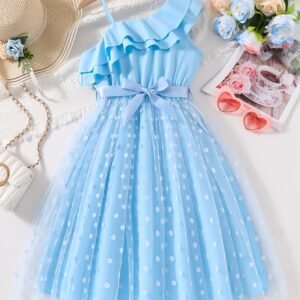 Tenue d'été pour filles - Haut sans bretelles à volants bleu clair avec détail de nœud et jupe en tulle à pois