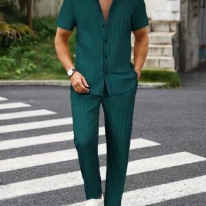 Ensemble Décontracté à Manches Courtes et Pantalon Long à Imprimé Vague Texturée pour Homme