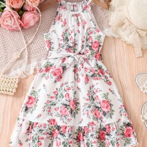 Robe sans Manches à Col Halter pour Filles avec Ourlet à Volants et Ceinture