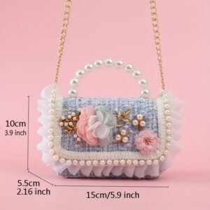 Sac à bandoulière décoré de fleurs de style preppy avec poignée en perles
