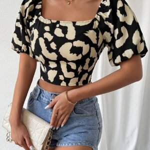 Chemise élégante pour femme à motif géométrique et manches bouffantes