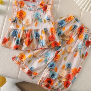 Ensemble Sans Manches à Motifs Floraux 3D et Pantalon Large pour Filles