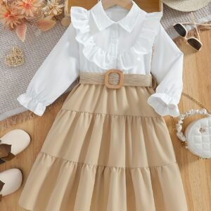 Robe élégante à manches longues et col à volants pour filles avec ceinture