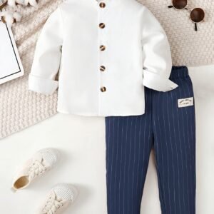 Ensemble Chemise Blanche à Manches Longues + Pantalon Rayé