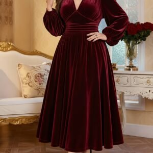 Grande Taille - Élégante Robe en Velours Évasée avec Manches Lanternes | Col en V, Jupe Évasée