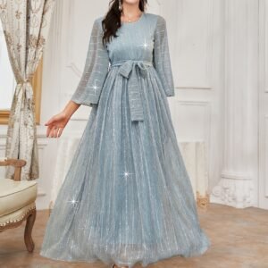 Robe de soirée élégante et scintillante pour femme avec ceinture étoilée étincelante & traîne