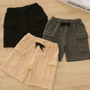 Short cargo décontracté unisexe 3 pièces, 95% polyester 5% élasthanne, couleur unie