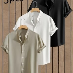3pièces Chemise d'été pour homme, couleur unie, manches courtes
