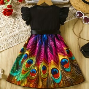 Robe de printemps pour filles avec imprimé de plumes de paon, manches à volants et ceinture à nœud