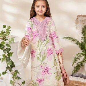 Robe Longue pour Filles à Grand Imprimé Floral, Col en Dentelle Brodée