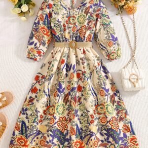 Robe élégante à manches longues avec imprimé floral et ceinture