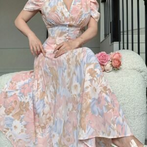 Robe Maxi Élégante Style Français - Longue Robe A-Line Imprimée Fleurs