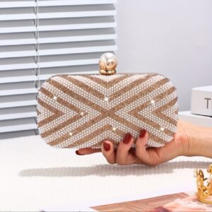 Pochette de soirée élégante à perles dorées rayées, bandoulière réglable avec chaîne, fermeture magnétique