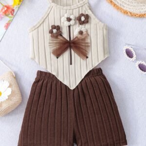 Ensemble 2 pièces pour filles : Haut sans manches à imprimé floral d'été et short de couleur unie