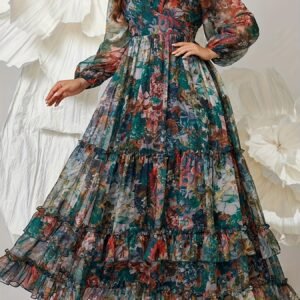 Élégante Robe en Mousseline de Soie à Imprimé Floral avec Col en V & Manches Longues