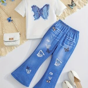 2 pièces ensemble T-shirt manches courtes imprimé papillon et pantalon évasé