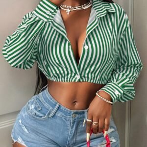 Court Top élégant à manches longues pour femme, avec rayures vertes et blanches