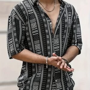 Style Rétro Géomètre ! Chemise Hawaïenne Totem Noir et Blanc