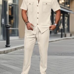 Ensemble Homme 2 Pièces, Chemise à Col Double Poche Manches Courtes