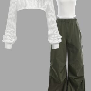 Ensemble 3 pièces : Haut en maille décontracté printemps/été + Débardeur + Pantalon cargo