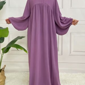 Robe Unie à Col Rond, Manches Lanterne Longues, Vêtement Femme