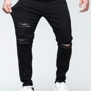 Pantalon Long noir en Denim Déchiré Noir Pur en Denim Extensible.