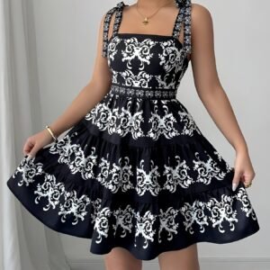 Robe Mini Noire à Bretelles Spaghetti pour Femmes avec Imprimé Floral