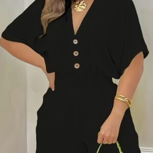 Combinaison Rouge Unie à Col en V avec Boutons et Manches Reversibles