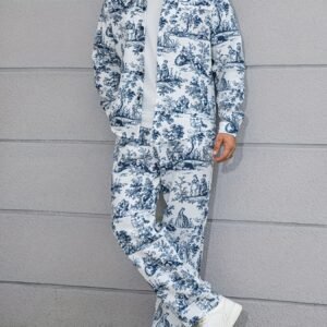 Ensemble décontracté imprimé floral bleu et blanc, pantalon large et ample, tissu non extensible