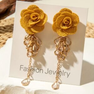 Paire de Boucles d'Oreilles en Polyester à Fleurs Superposées et Strass Jaune