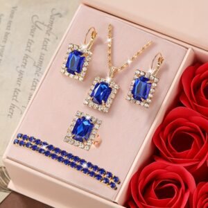 6 pièces ensemble de bijoux à strass carrés - inclut collier, bracelet, boucles d'oreilles & bague