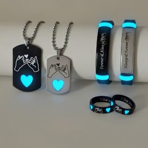 6 pièces/Set Collier-Cœur Lumineux, Bracelet et Bague en Acier Inoxydable