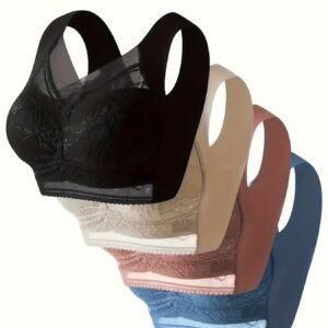 lot de 4 Soutiens-gorge Femme Sans Armatures - Couverture Totale, Col en V avec Dentelle