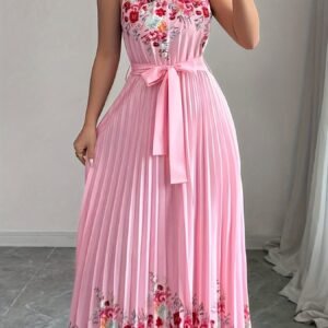 Robe plissée d'été à col licou et imprimé floral