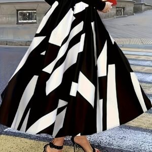 Jupe maxi imprimée géométrique noir et blanc, taille haute, coupe fluide en A
